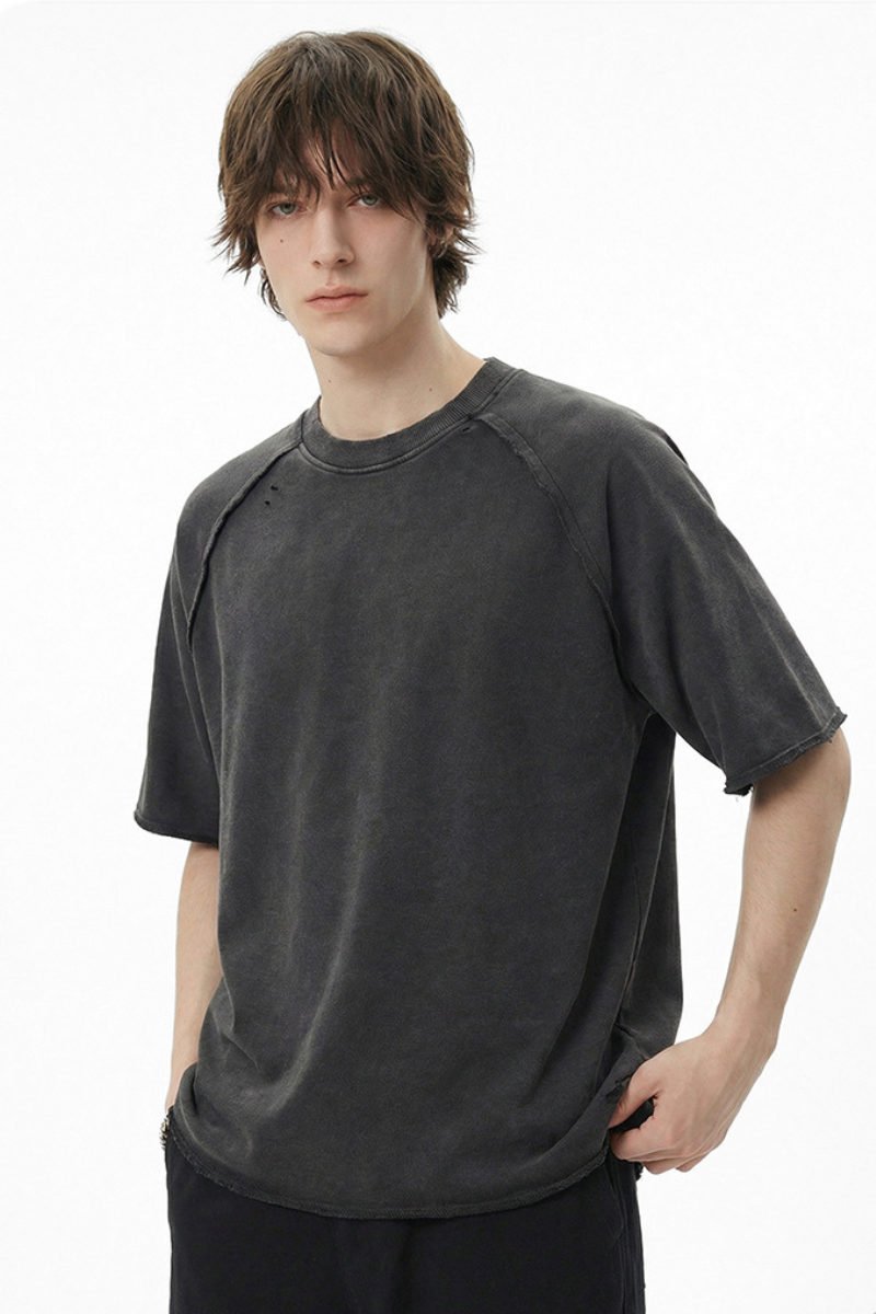 Men's Spring Summer 350g Cotton Batik Washed Raglan Tee