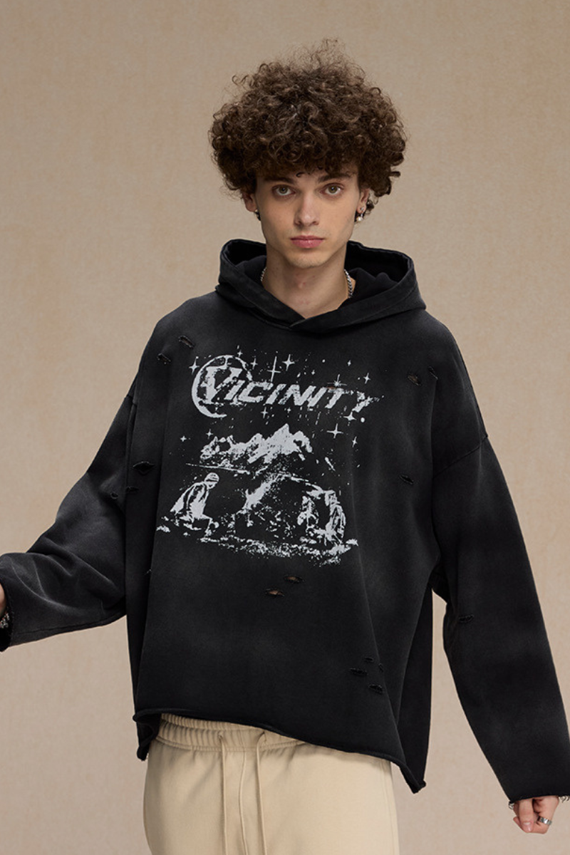 Men's Streetwear Distressed Frayed-Edged Vintage Hoodie