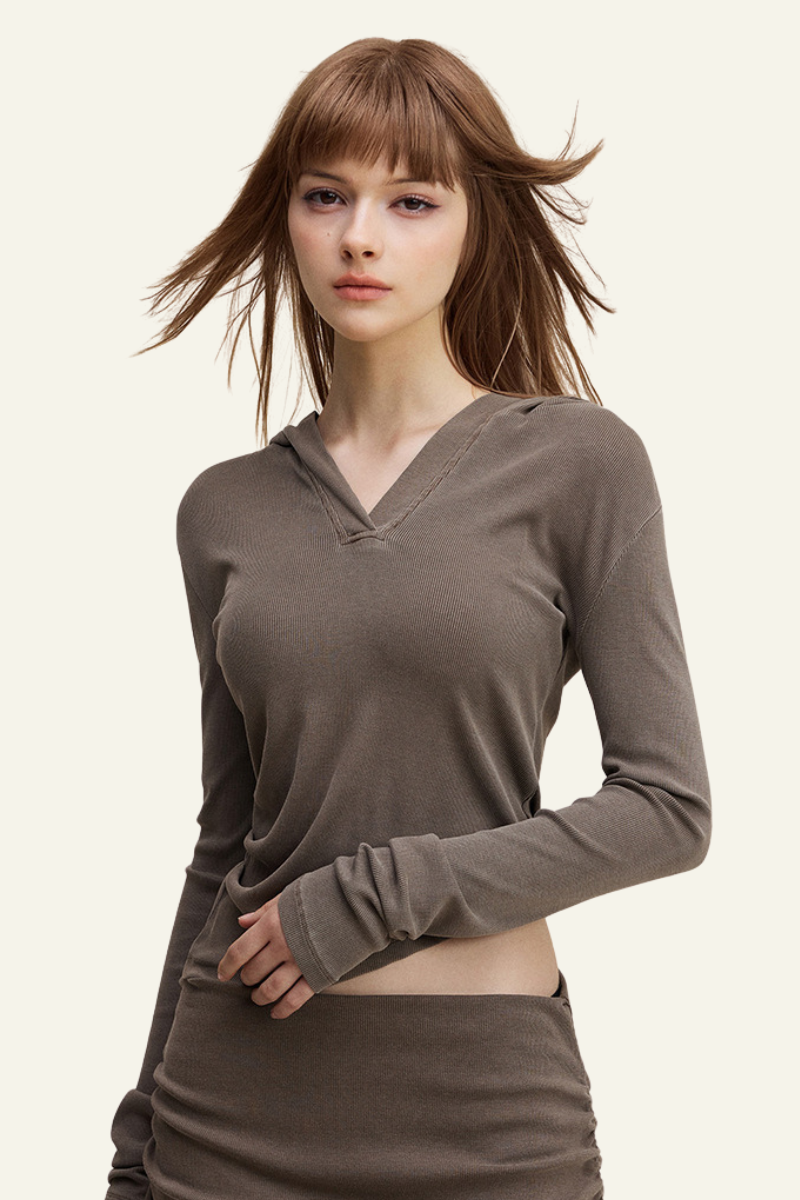 Women's Long Sleeve Deep V-Neck Slim Fit Hooded Top