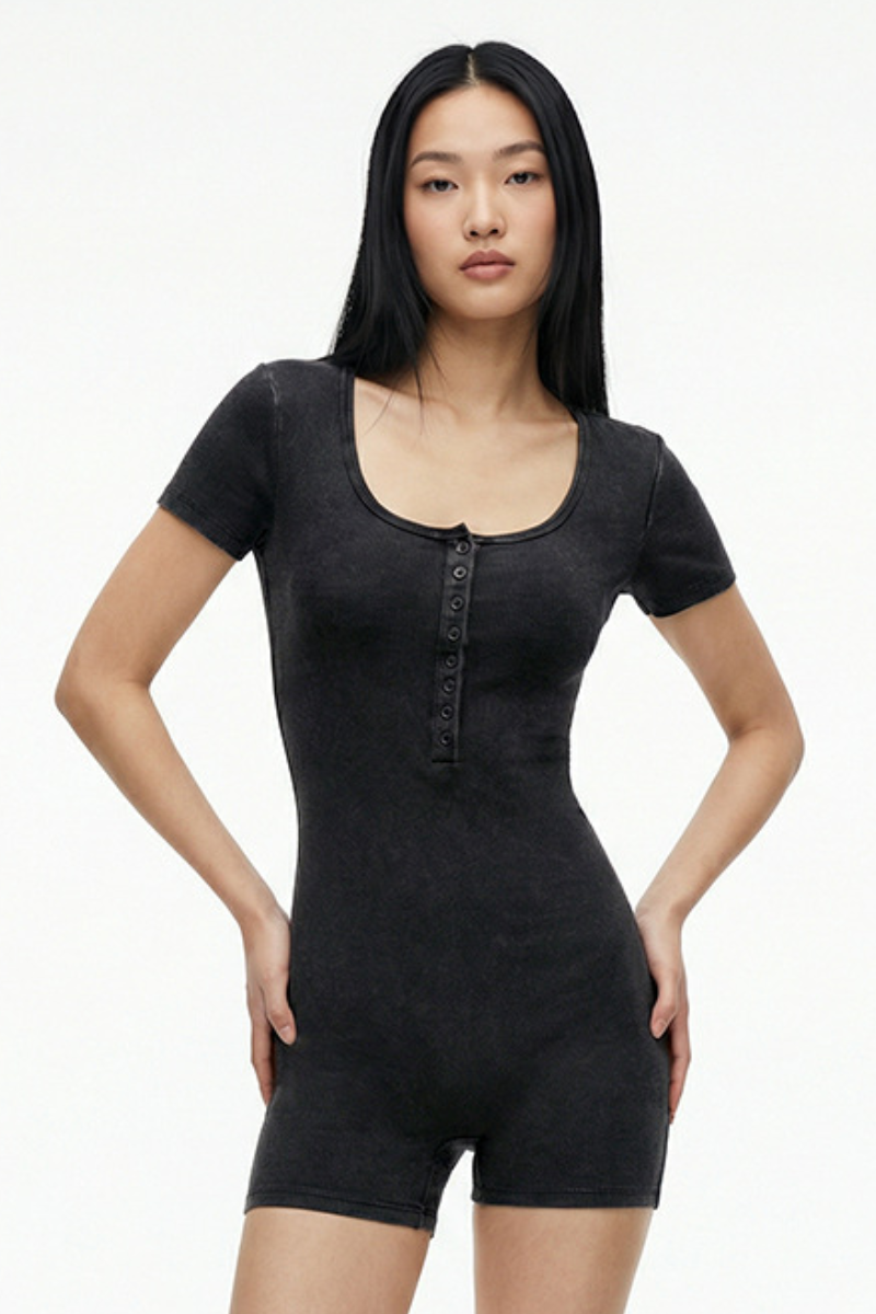 Women's Summer Solid Crewneck Button Placket Bodysuit