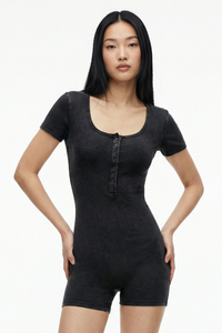 Women's Summer Solid Crewneck Button Placket Bodysuit