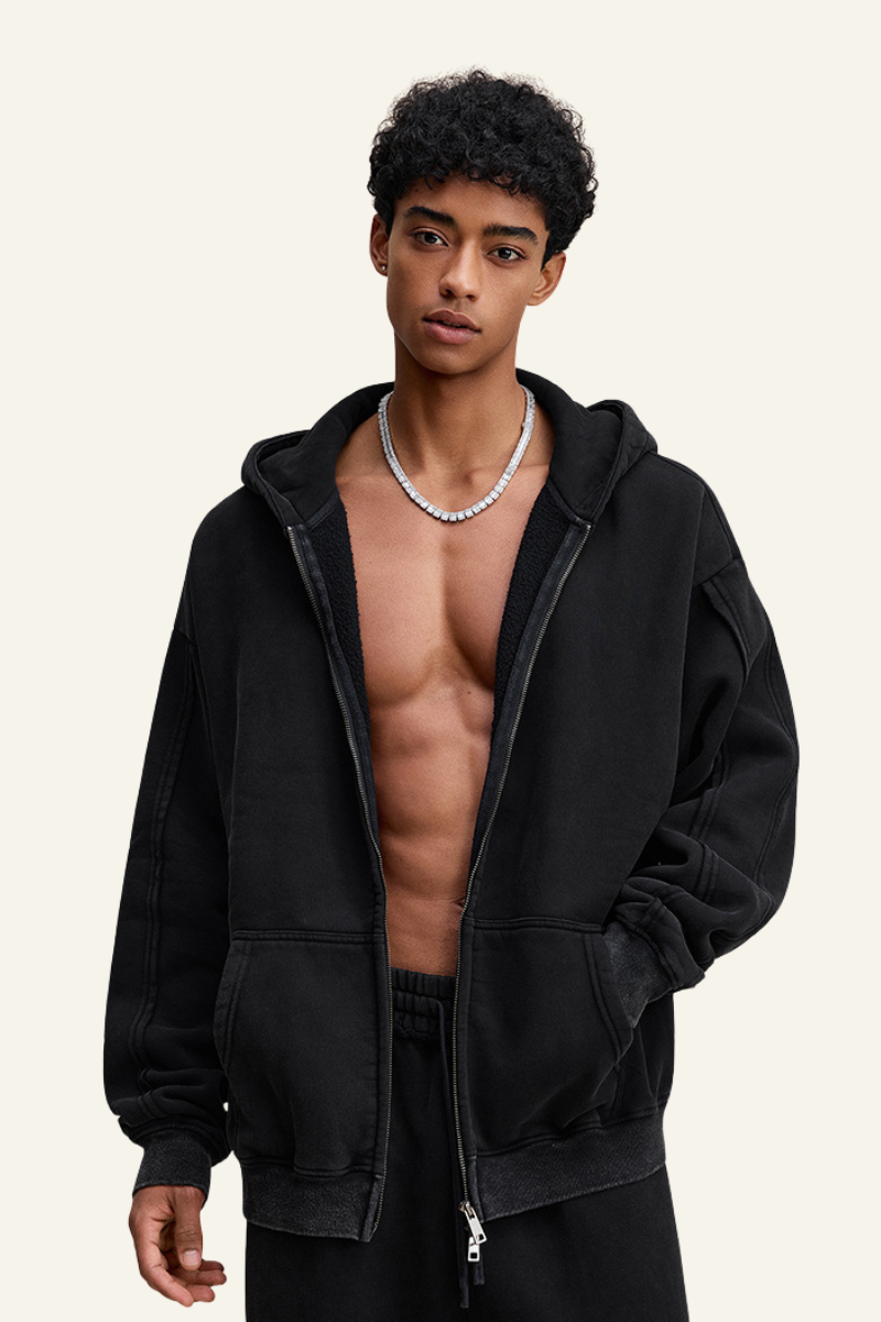 Men's Streetwear Retro Fleece-lined Zipper Hooded Jacket