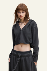 Women's Washed Loose Edged Pleated V-Neck Cotton Hoodie