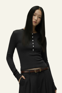 Women's Slim Fit Henley Neck Long Sleee T-shirt