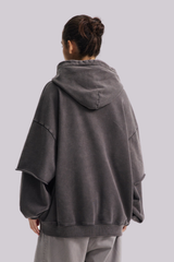 Women's Cotton Retro Faux-Two-Piece Washed  Hoodie