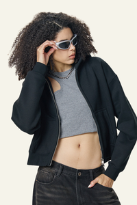 Women's  Fleece-lined Double-Zipper Cropped Hooded Jacket