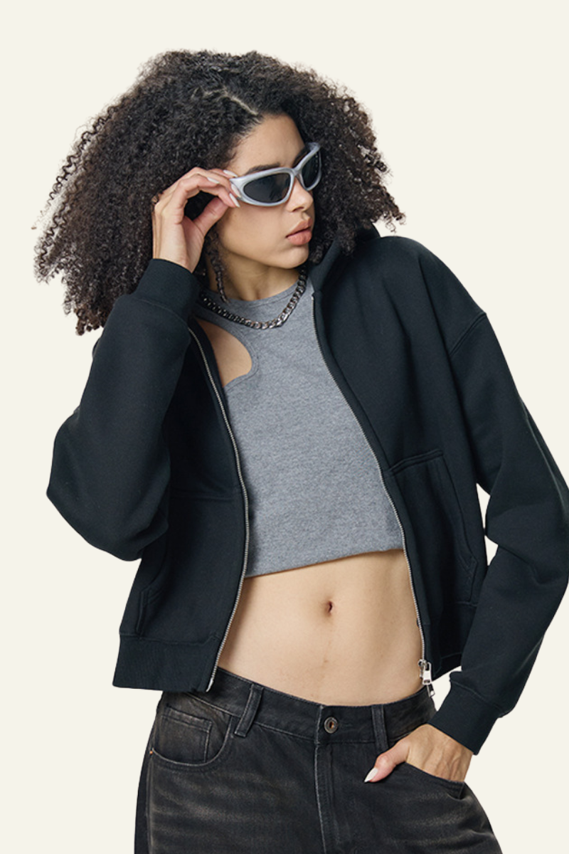 Women's  Fleece-lined Double-Zipper Cropped Hooded Jacket