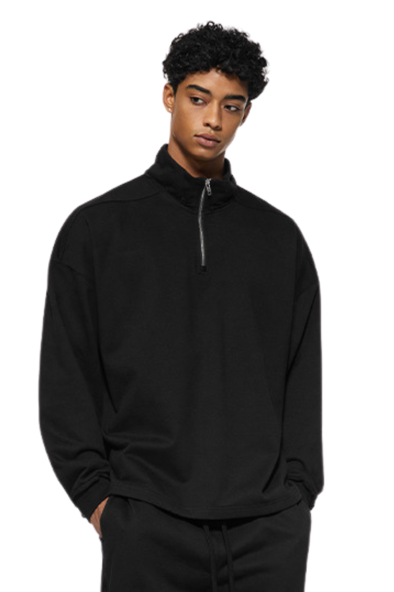 Men's Summer 450g Half Zip Raw Edge StandCollar Sweatshirt