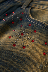 Men's Spring Summer Washed Ripped Red Rhinestone Wide Jeans