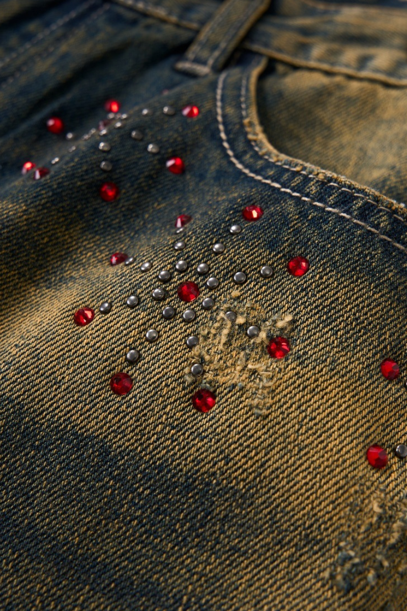 Men's Spring Summer Washed Ripped Red Rhinestone Wide Jeans