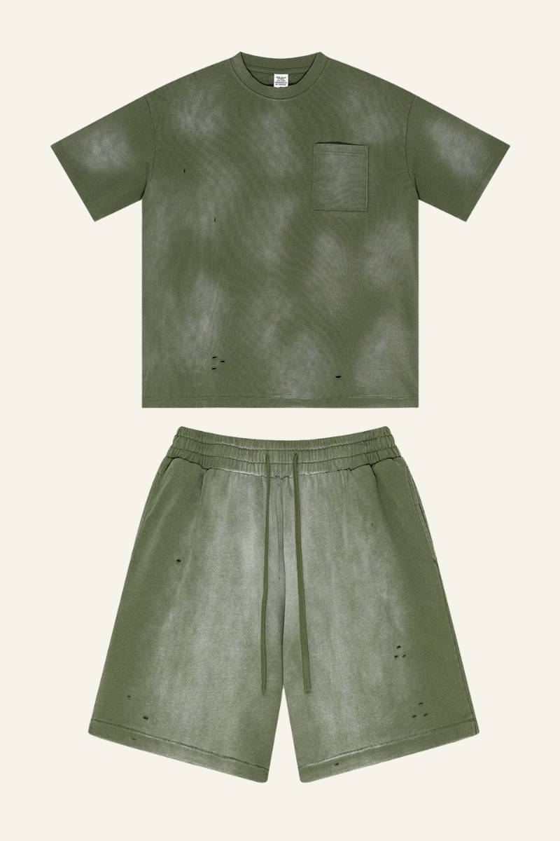 Men's Washed Gradient Colored Cotton Set:T-shirt And shorts