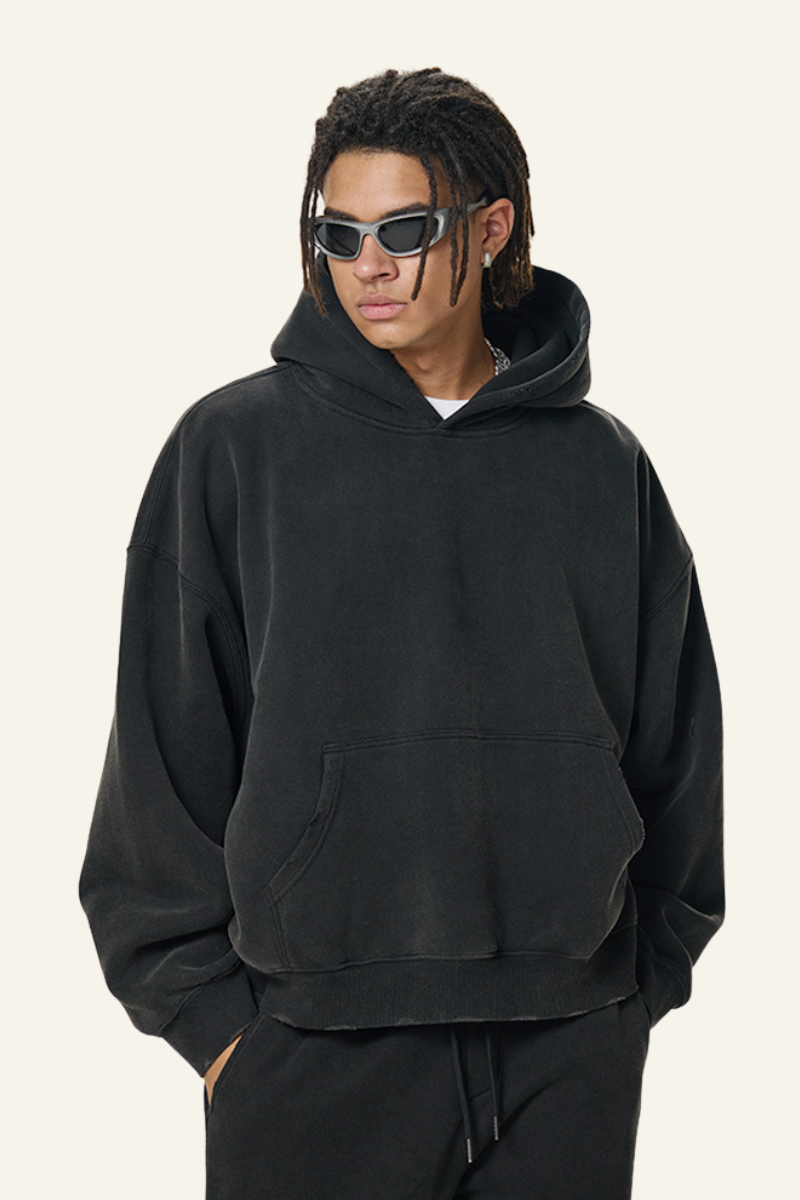Men's Fleece-Lined Thick Washed Distressed Hoodie.