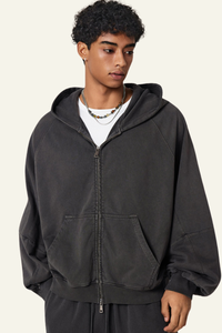 Men's  Streetwear Vintage Washed Full Zipper Hooded Jacket.