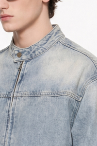 Men's 385g Washed Patchwork Denim StandCollar Zip Jacket