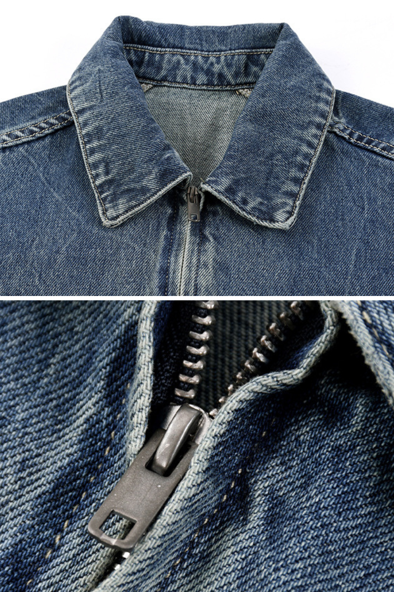 Men's SpringSummer 543g Washed Denim Loose Collar Zip Jacket