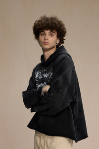 Men's Streetwear Distressed Frayed-Edged Vintage Hoodie