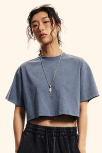 Women's Summer 230g Raw Edge Washed Crewneck Cropped Tee