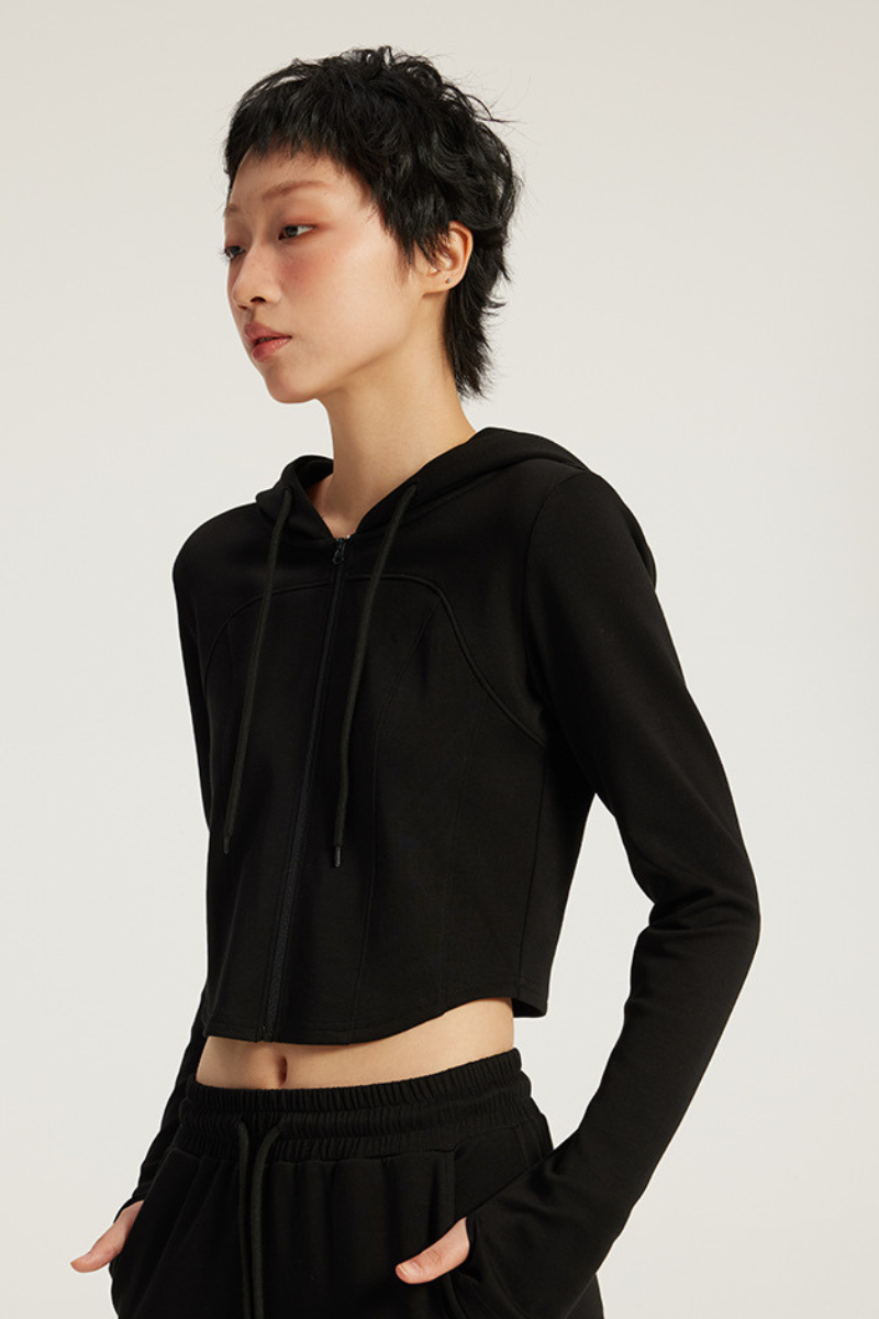 Women's Streetwear Cropped Finger Cuffs Hooded Jacket