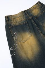 Men's Chain Rhinestone Washed Blue Yellow Fade Wide Jeans