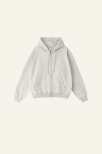 Pure color terry cloth hooded zip-up sweatshirt.