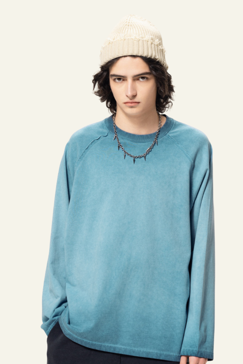 Men's  Streetwear Washed Cotton Long-Sleeved T-shirt.