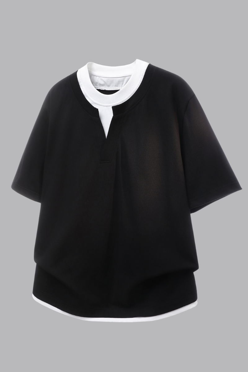 Men's Summer Mock Layer Henley Colorblock Tee