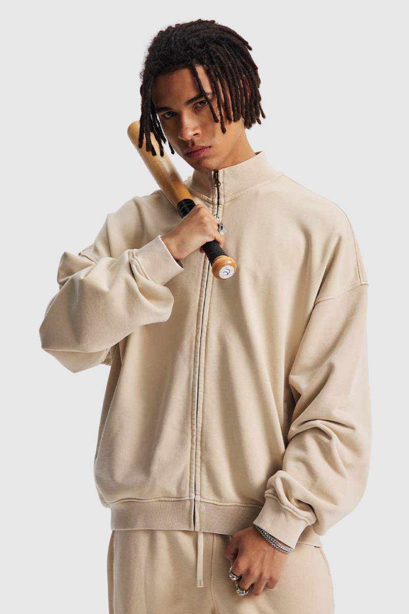 Men's Cotton Streetwear Wax-Dyed Washed Stand Collar Distressed Jacket