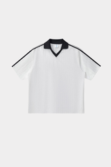 Color-blocked collegiate style V-neck short-sleeved top