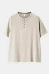Women's Summer Button Placket Oversized Tee - Natural Fabric