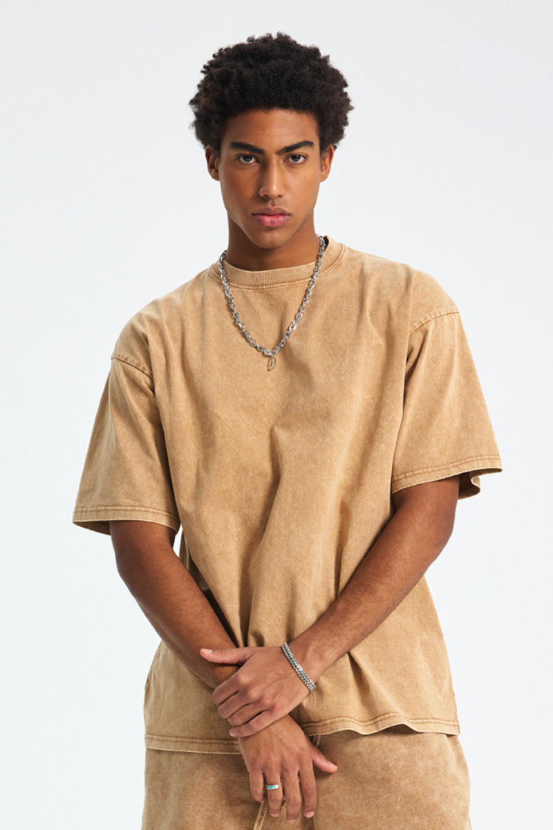 Men's Cotton Streetwear Wax-Dyed Washed Distressed T-shirt