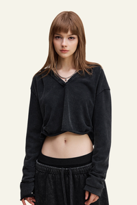 Women's Washed Loose Edged Pleated V-Neck Cotton Hoodie