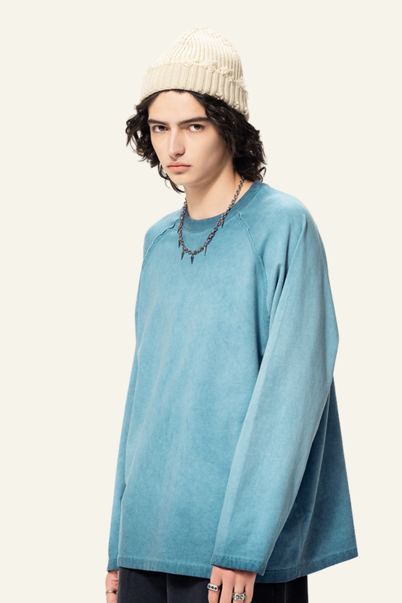 Men's  Streetwear Washed Cotton Long-Sleeved T-shirt.