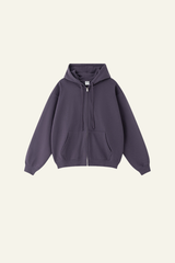 Pure color terry cloth hooded zip-up sweatshirt.