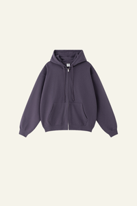 Pure color terry cloth hooded zip-up sweatshirt.