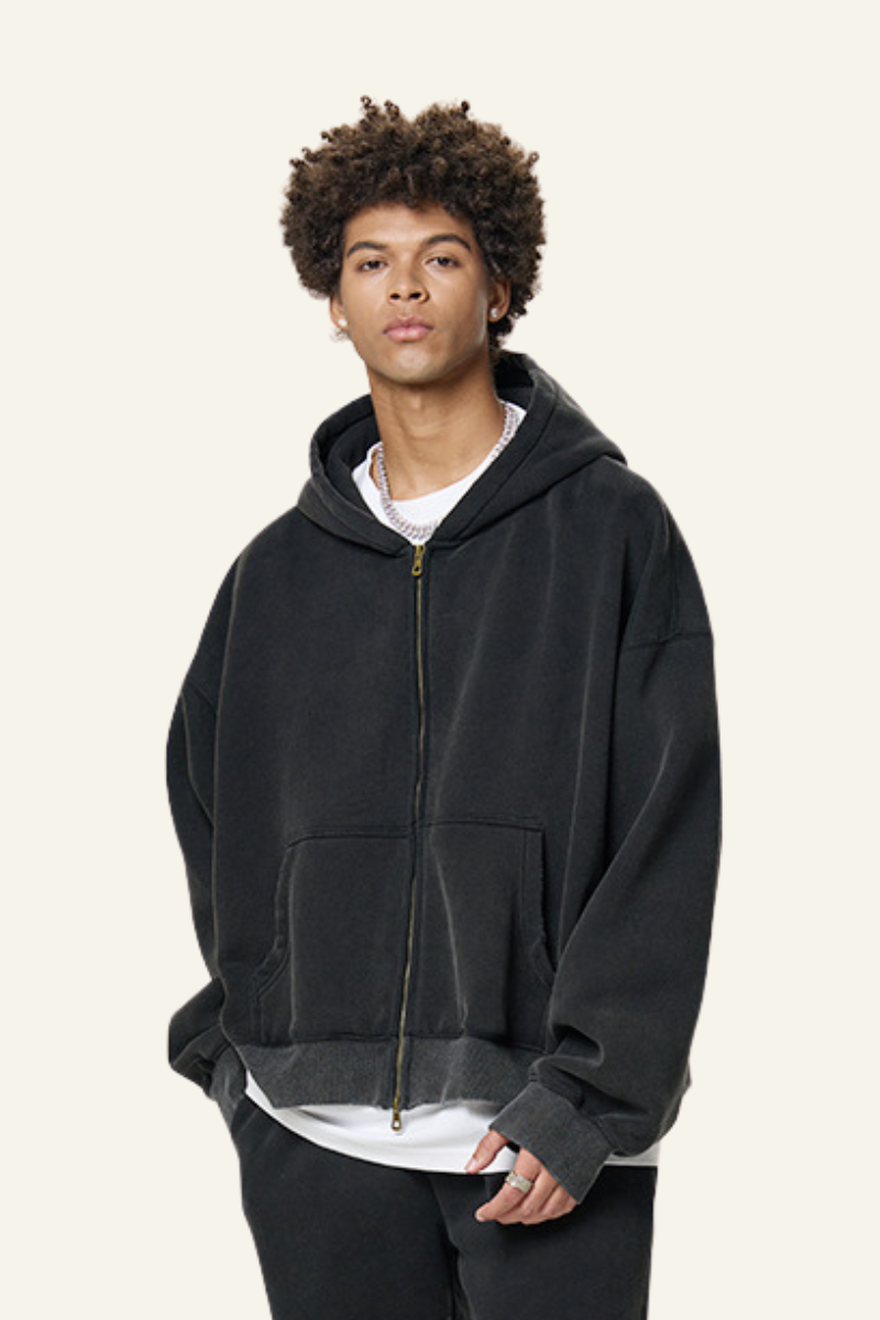 Men's Heavyweight Washed Full Zipper Hooded Jacket