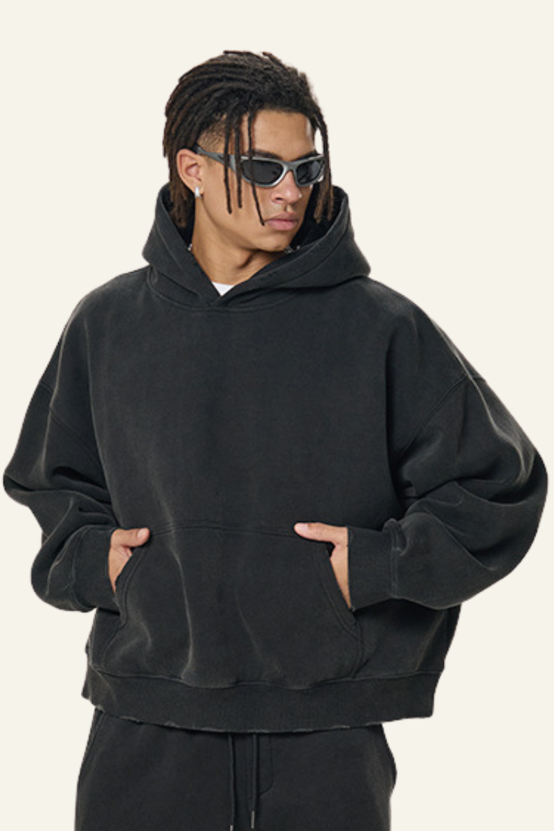 Men's Fleece-Lined Thick Washed Distressed Hoodie.