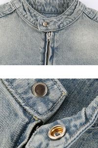 Men's 385g Washed Patchwork Denim StandCollar Zip Jacket